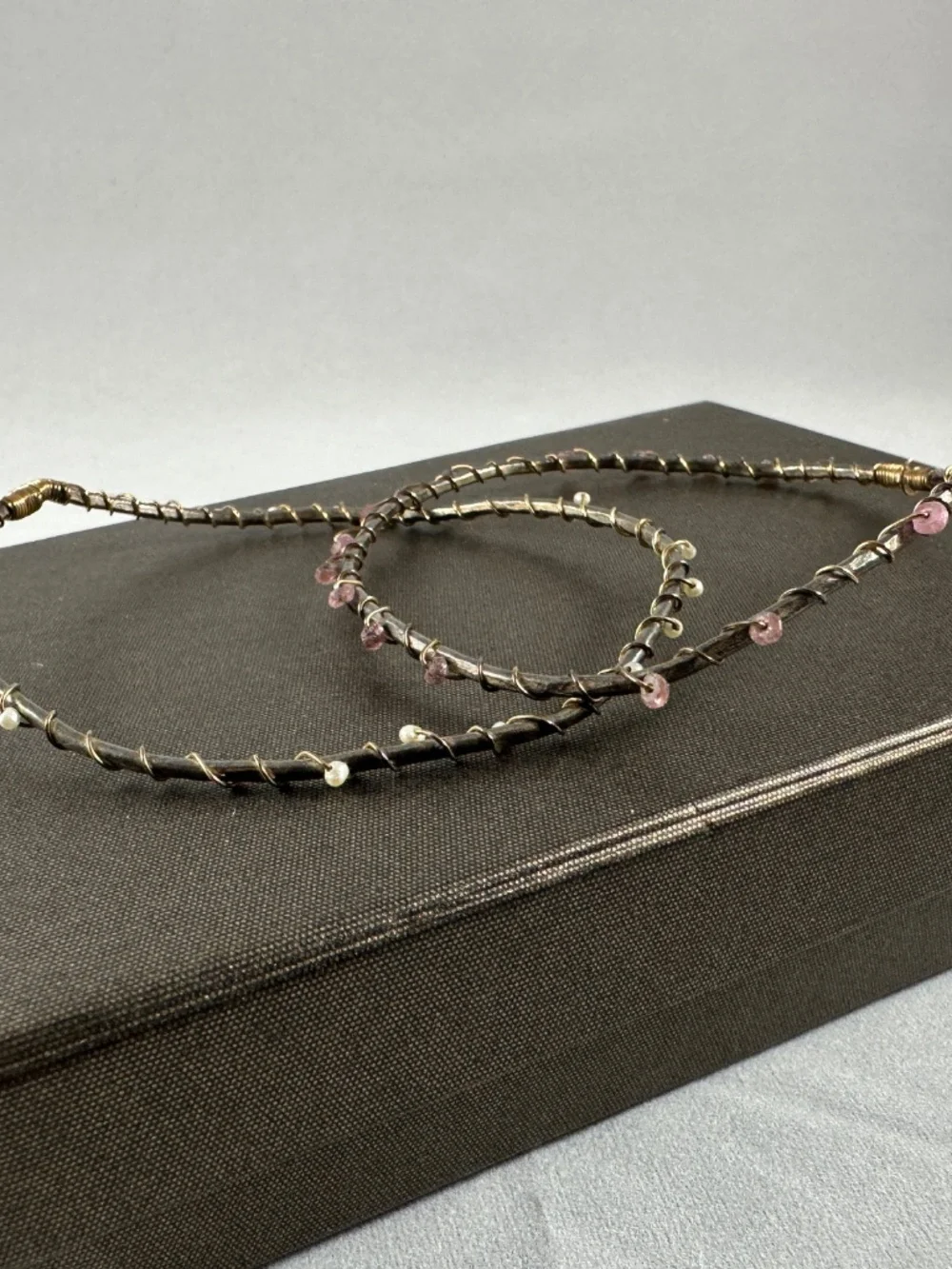 Set of 2 Wire-Wrapped Bangle Bracelets with Pink Tourmaline & Pearl Beads